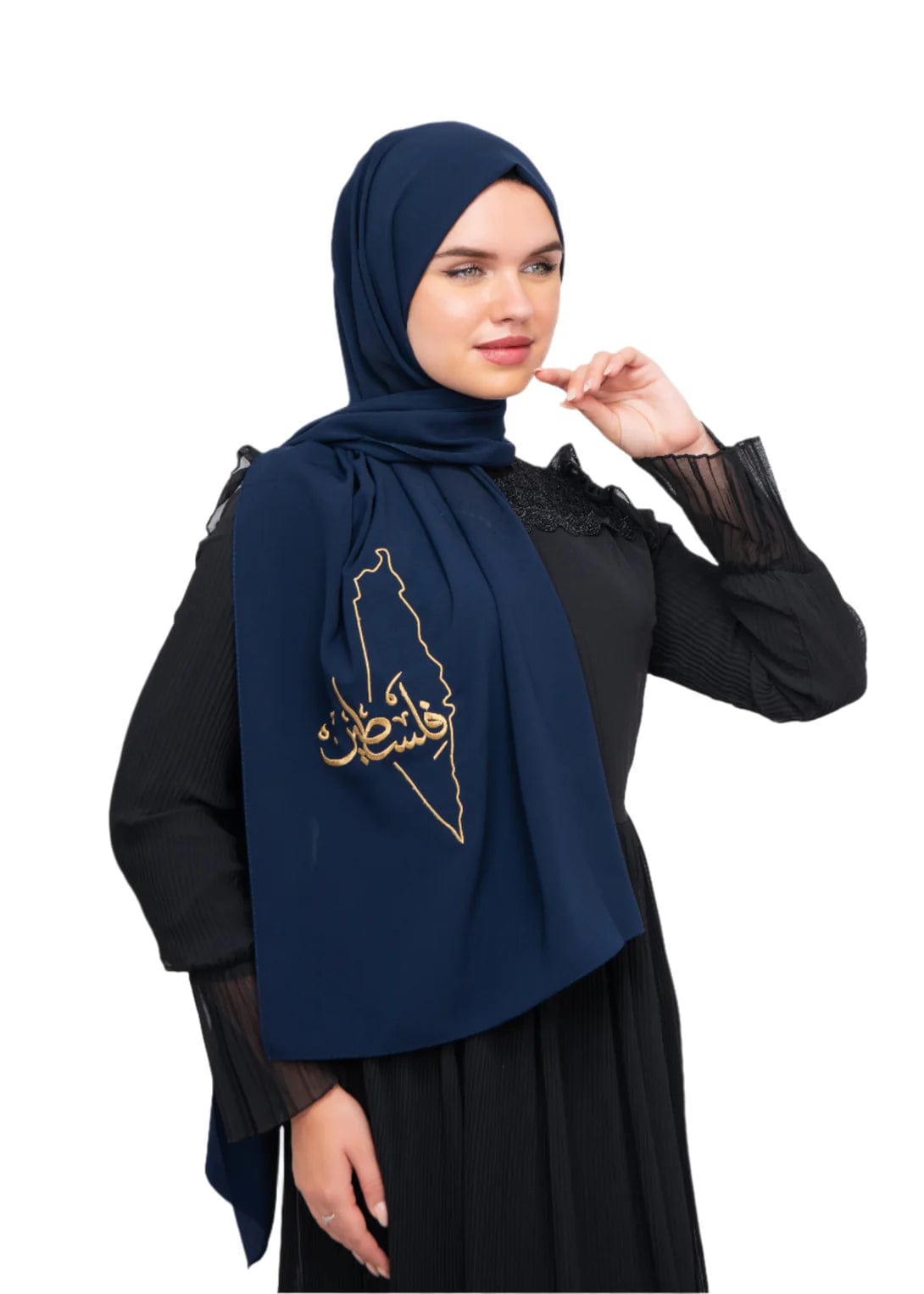 Zaytoon Gift Shawl Navy blue polyester shawl with Palestine map embroidery and the word Palestine in gold