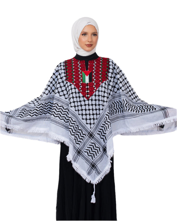 Zaytoon Gift Shawl Palestinian Traditional and Flag Embroidered Keffiyeh Patterned Cape Bansho