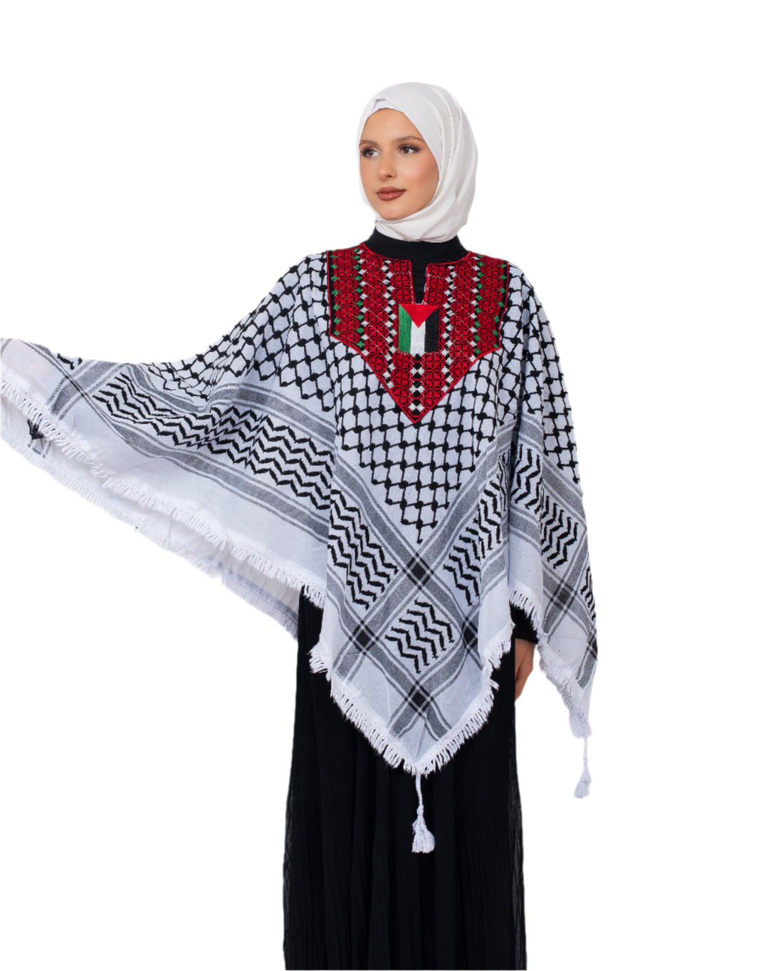 Zaytoon Gift Shawl Palestinian Traditional and Flag Embroidered Keffiyeh Patterned Cape Bansho