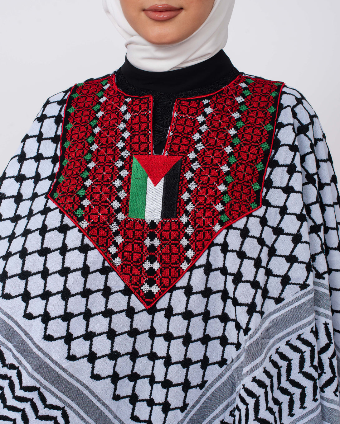 Zaytoon Gift Shawl Palestinian Traditional and Flag Embroidered Keffiyeh Patterned Cape Bansho