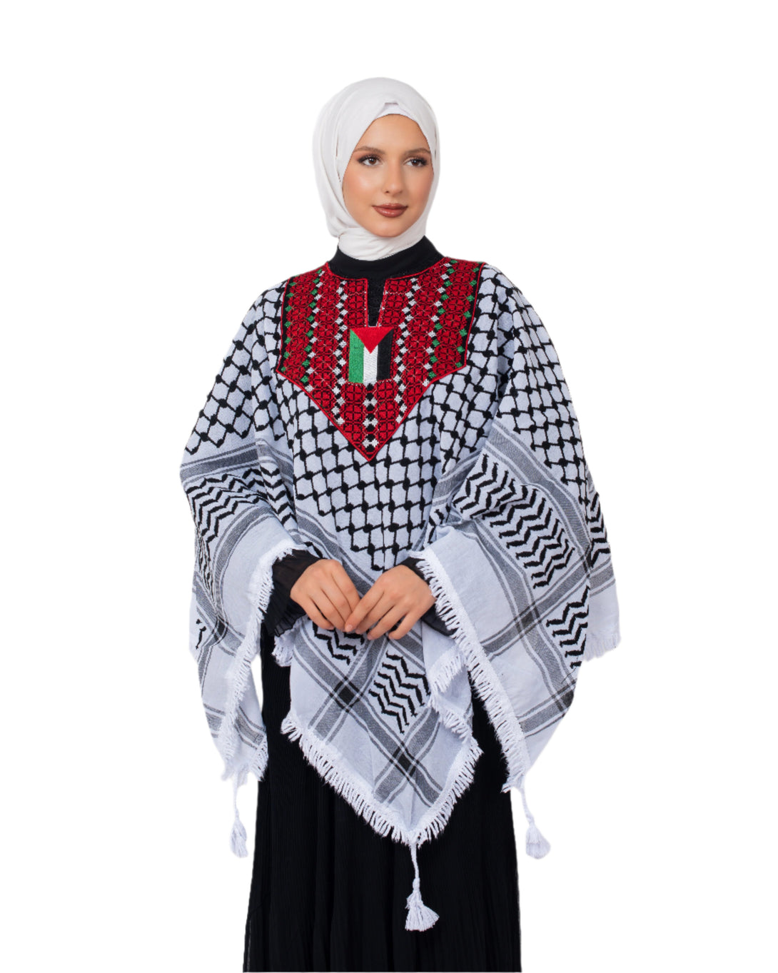 Zaytoon Gift Shawl Palestinian Traditional and Flag Embroidered Keffiyeh Patterned Cape Bansho