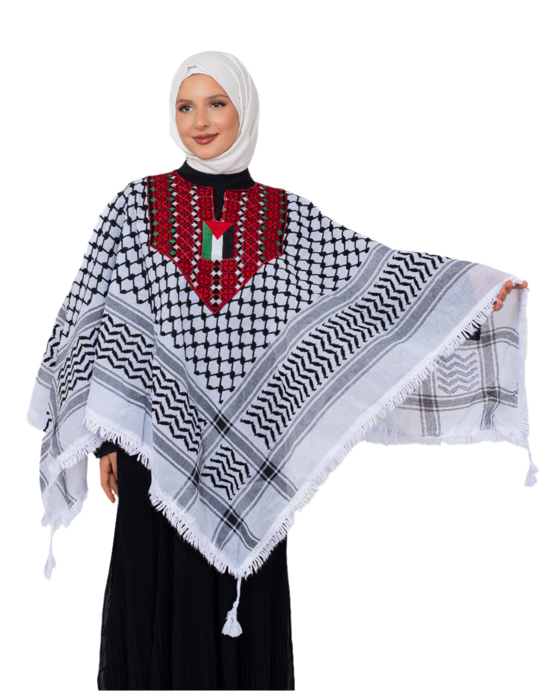 Zaytoon Gift Shawl Palestinian Traditional and Flag Embroidered Keffiyeh Patterned Cape Bansho