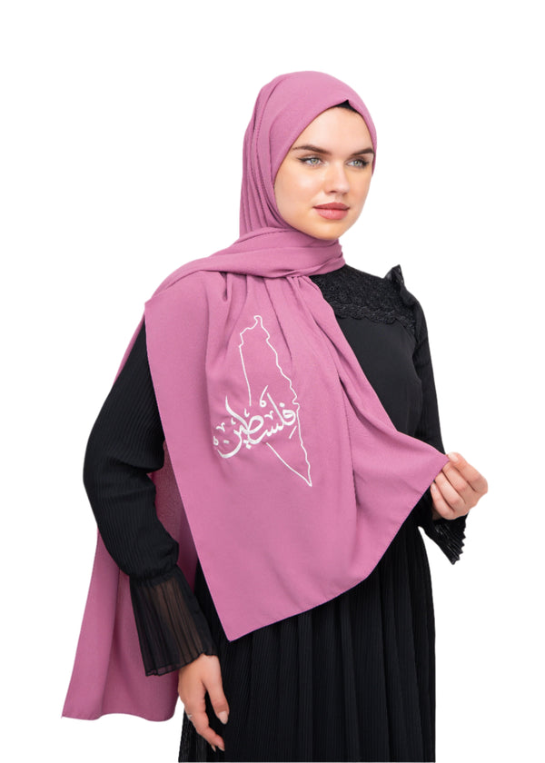 Zaytoon Gift Shawl Pink polyester shawl with Palestine map embroidery and the word Palestine in white