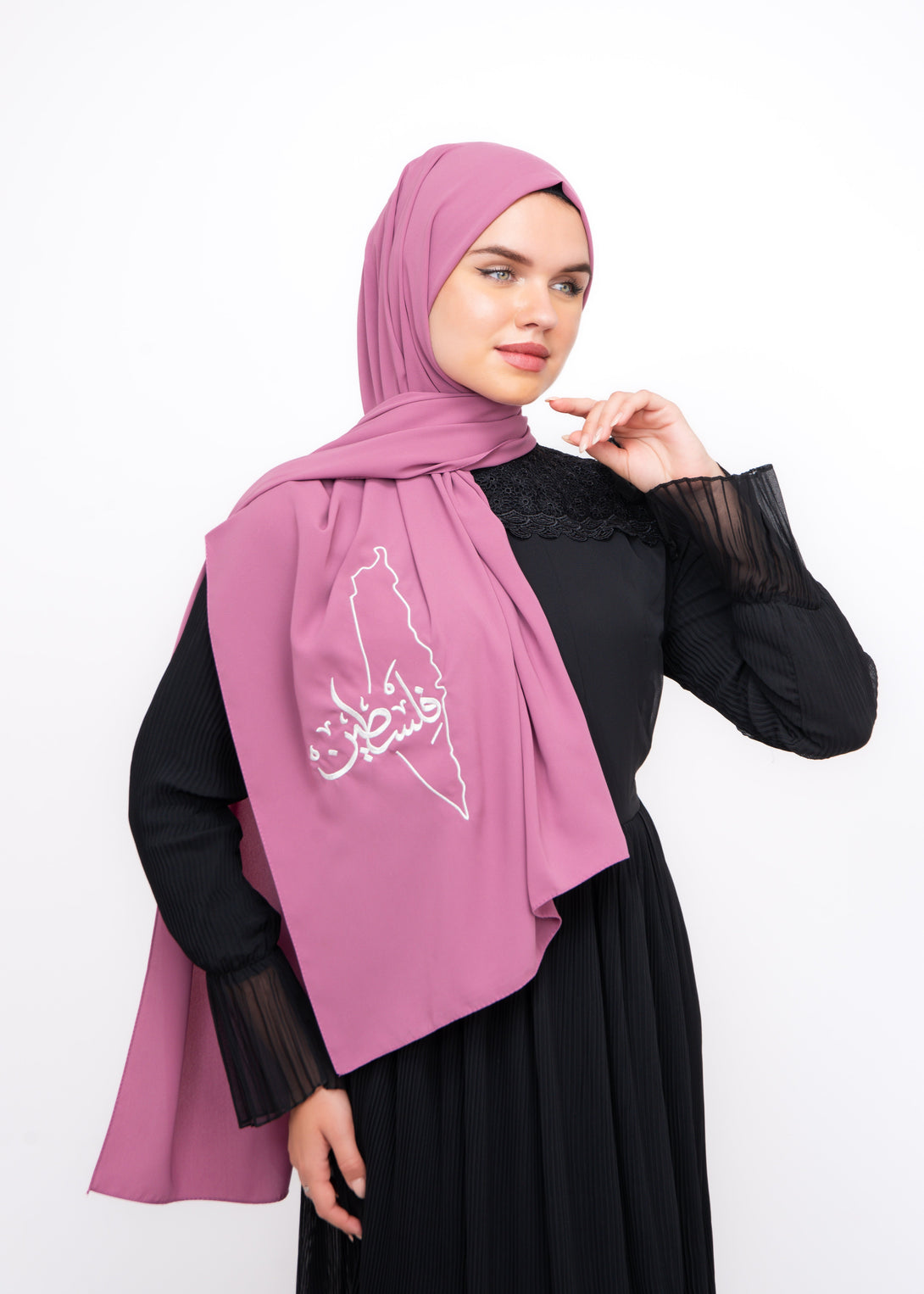 Zaytoon Gift Shawl Pink polyester shawl with Palestine map embroidery and the word Palestine in white