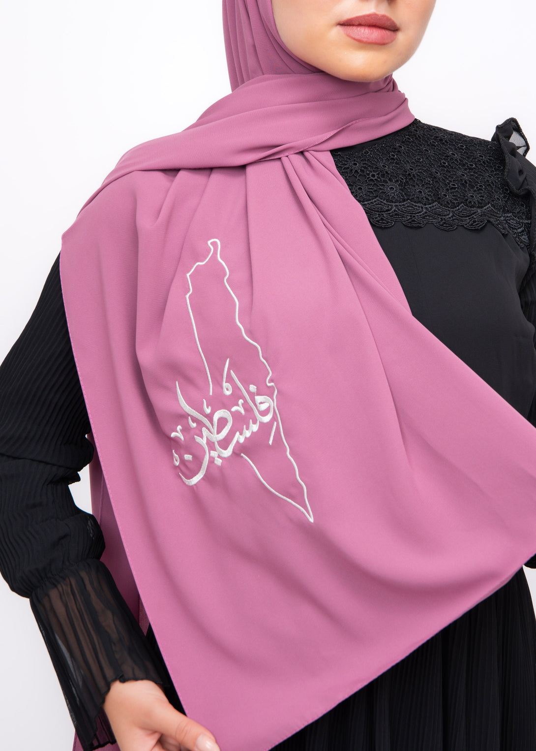 Zaytoon Gift Shawl Pink polyester shawl with Palestine map embroidery and the word Palestine in white