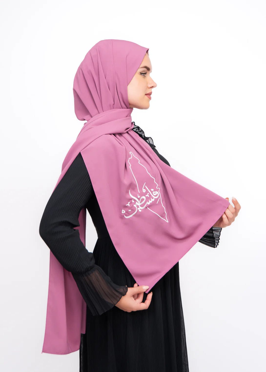 Zaytoon Gift Shawl Pink polyester shawl with Palestine map embroidery and the word Palestine in white