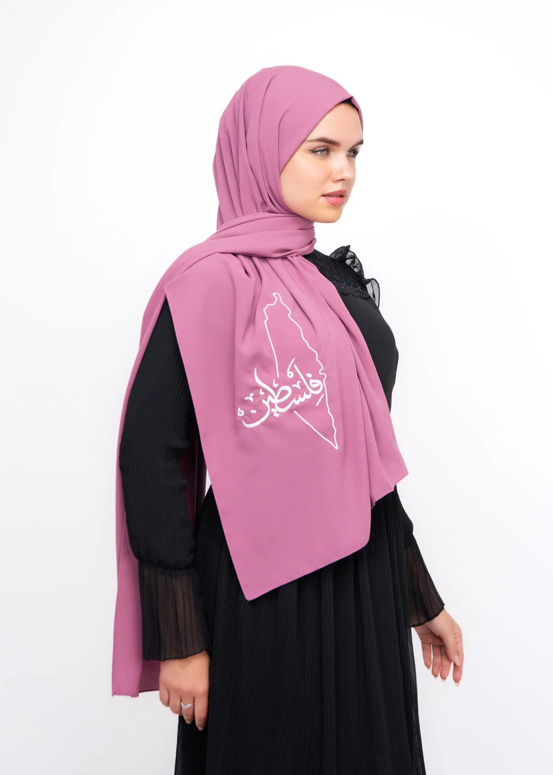 Zaytoon Gift Shawl Pink polyester shawl with Palestine map embroidery and the word Palestine in white