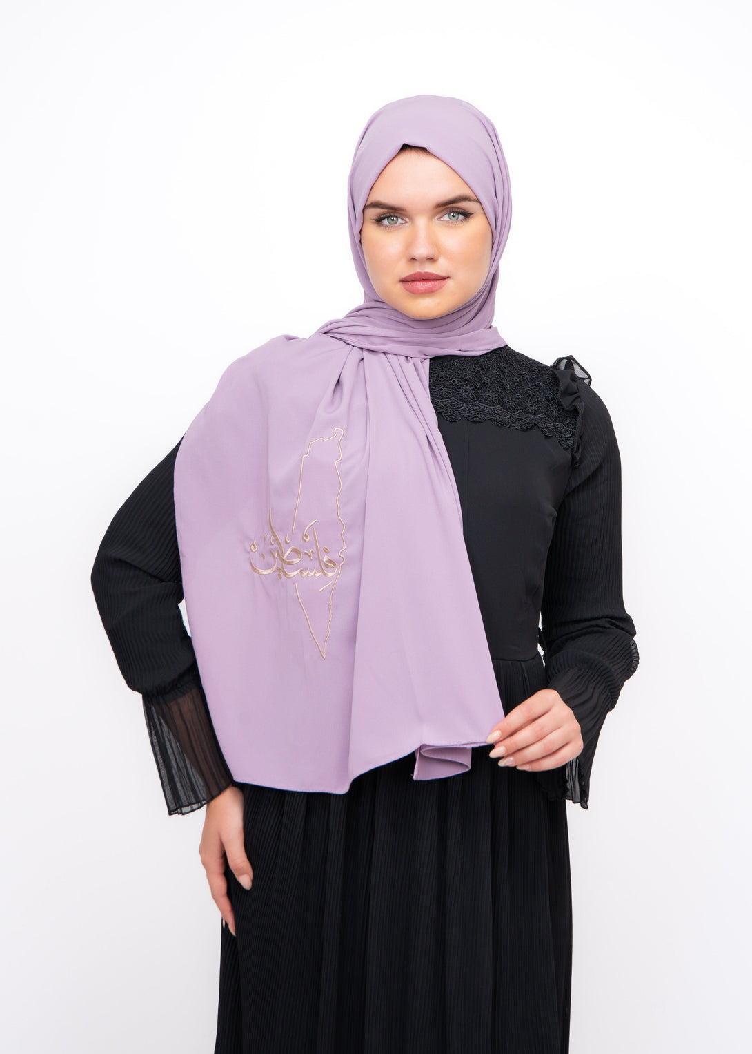 Zaytoon Gift Shawl Purple polyester shawl with Palestine map embroidery and the word Palestine in cream