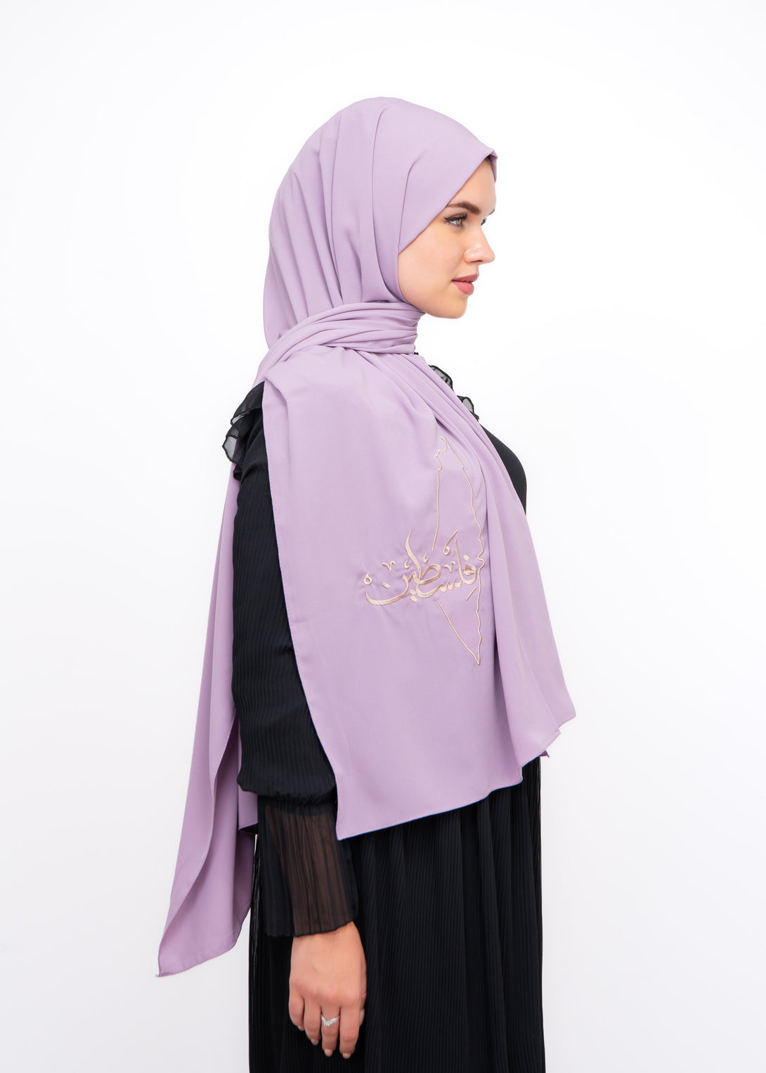 Zaytoon Gift Shawl Purple polyester shawl with Palestine map embroidery and the word Palestine in cream