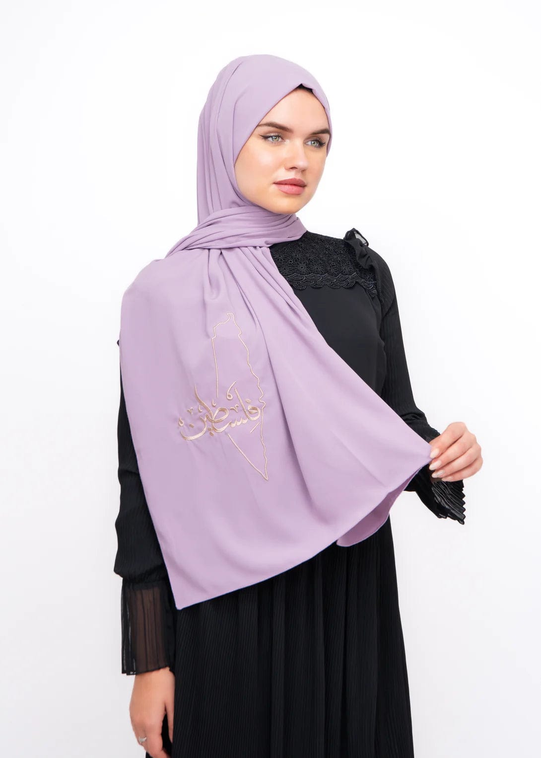 Zaytoon Gift Shawl Purple polyester shawl with Palestine map embroidery and the word Palestine in cream