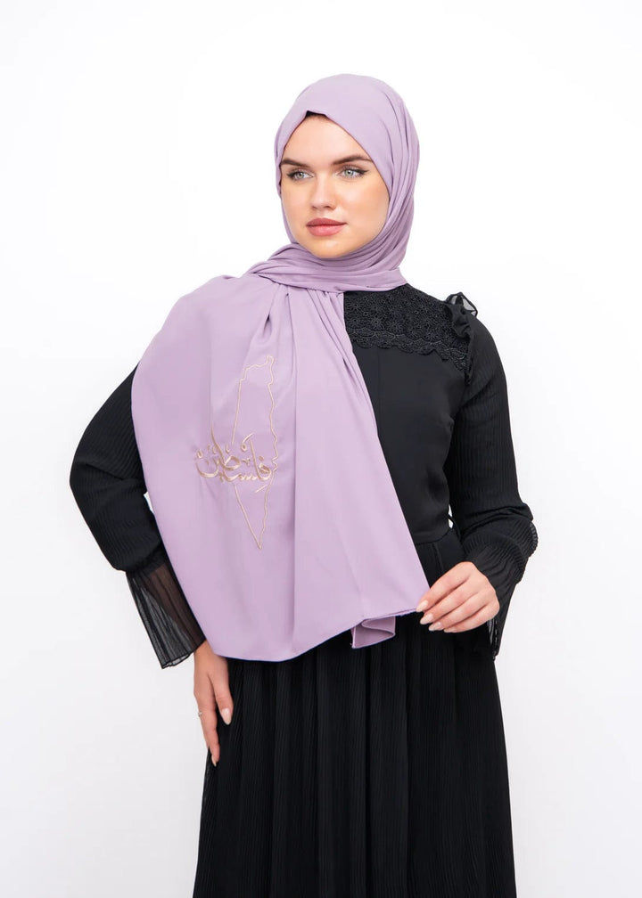 Zaytoon Gift Shawl Purple polyester shawl with Palestine map embroidery and the word Palestine in cream