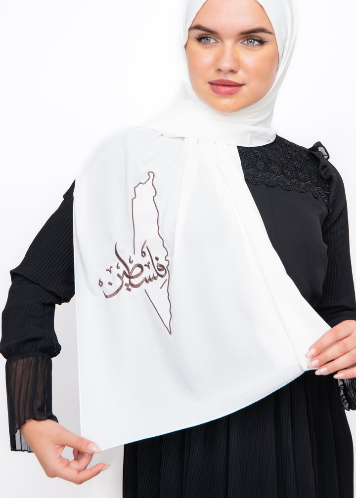 Zaytoon Gift Shawl Sugar polyester shawl with Palestine map embroidery and the word Palestine in brown