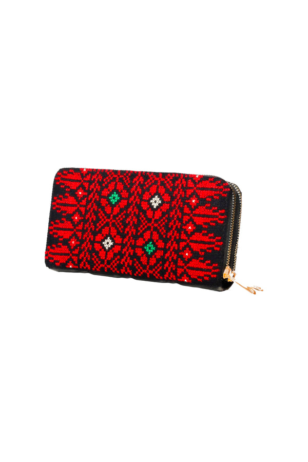 Zaytoon Gift Women's Wallet Palestinian Traditional Colorful Hand Embroidered Red & Green & Beige Double Zipper Women's Large Wallet