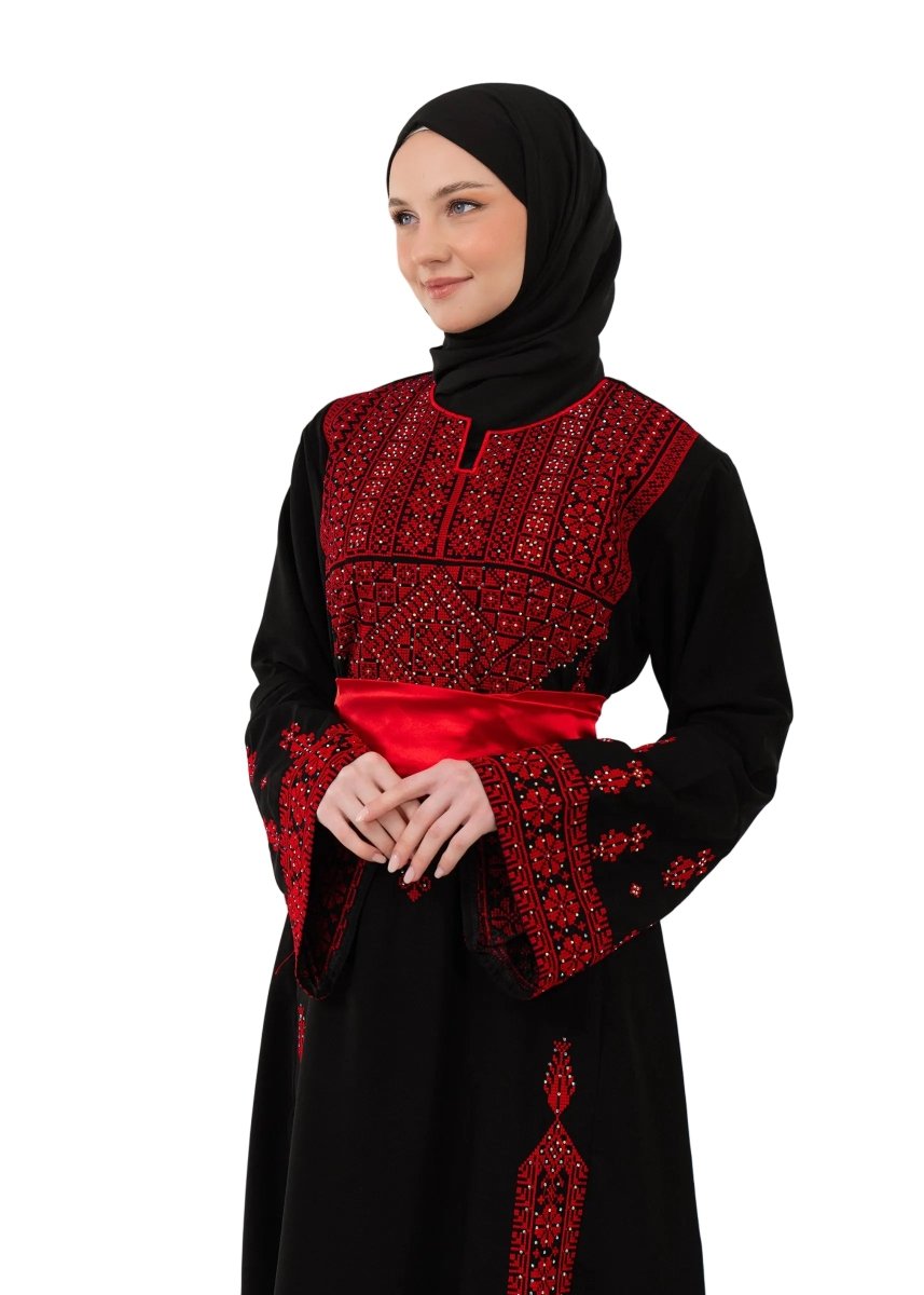 palestinian dress Unique Velvet Navy Blue Palestinian Thobe Dress with Pastel Colors  Embroidery
