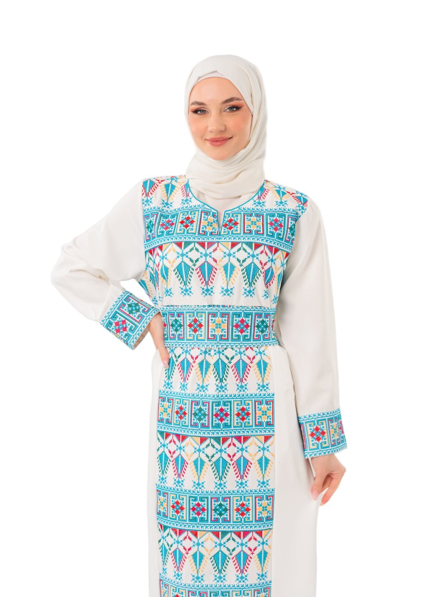 White Palestinian Thobe Colorful Tatreez – Embroidered Dress