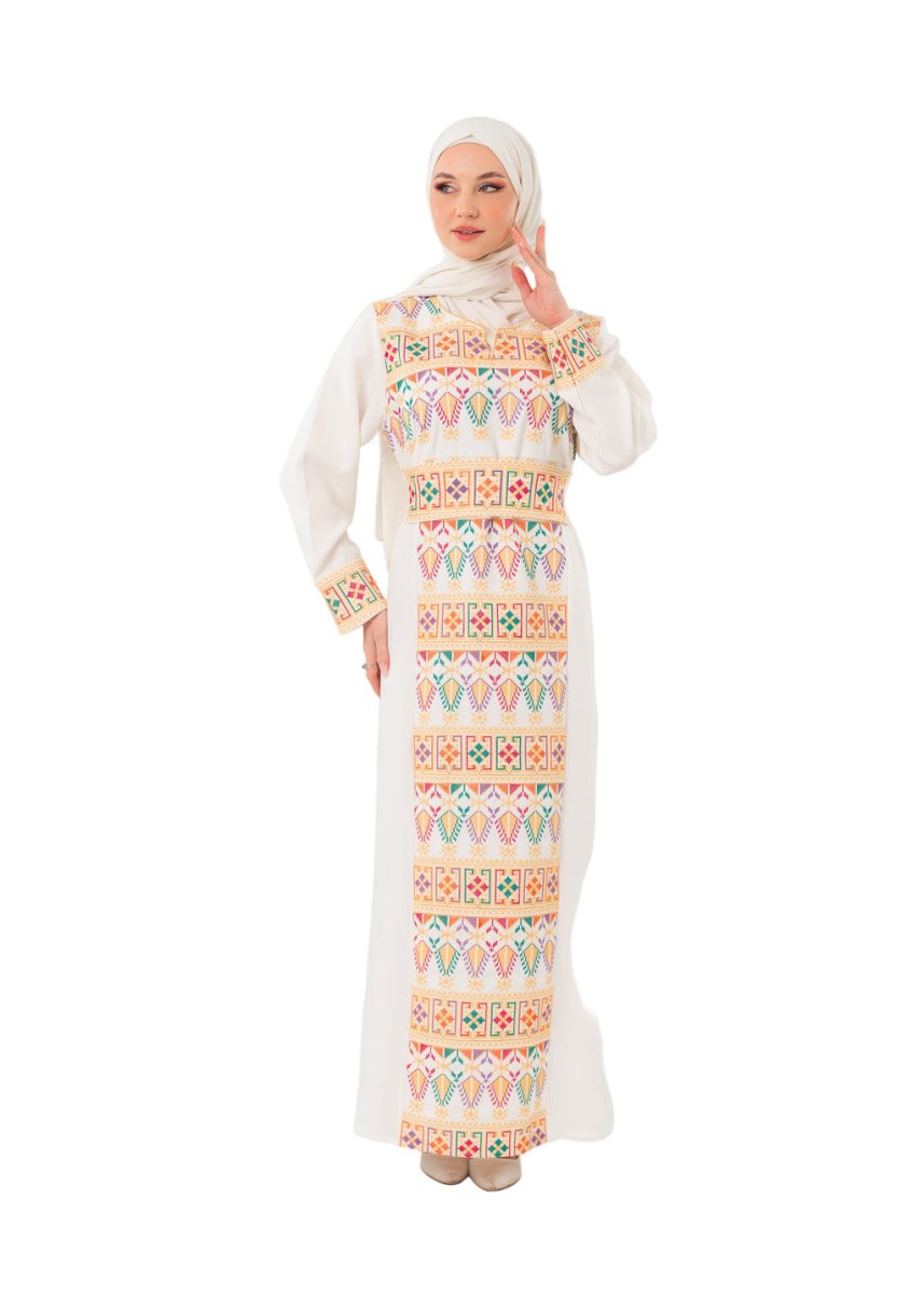 embroidered palestinian dresses White Thobe Colorful Tatreez – Dress Size:S - 34 15.5 in Size 3 WHITE HOUSE BLACK MARKET Bloomingdales2