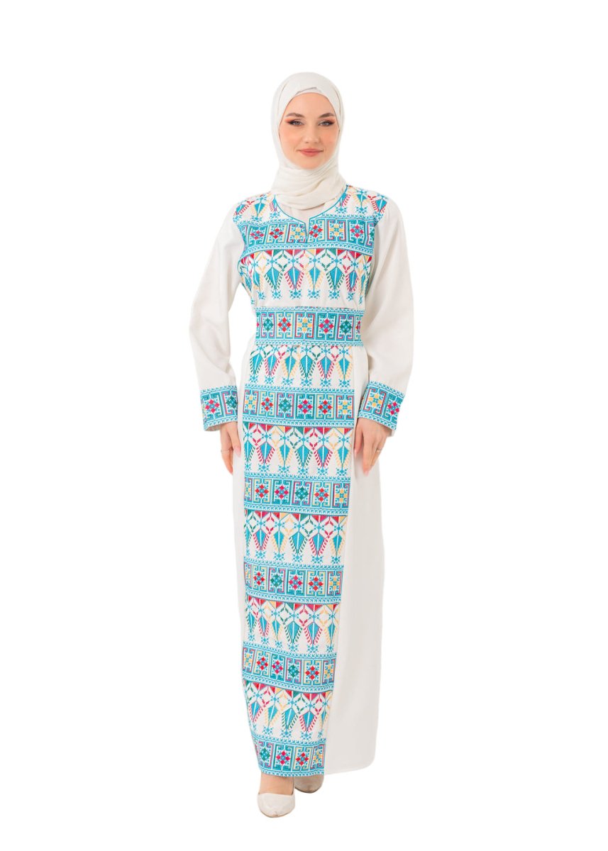 White Palestinian Thobe Colorful Tatreez – Embroidered Dress